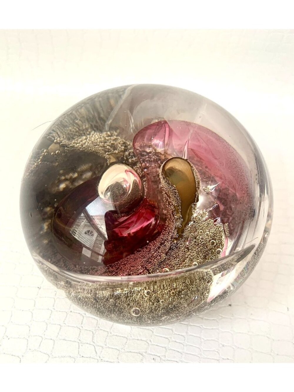 Vintage Art Glass Paperweight Signed Jon Sawyer Multicolor Swirls & Metallic